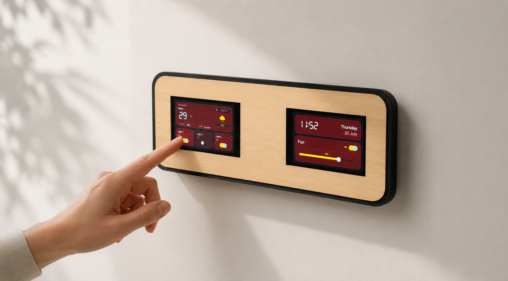 Finger touching the NT-01 smart switchboard panel