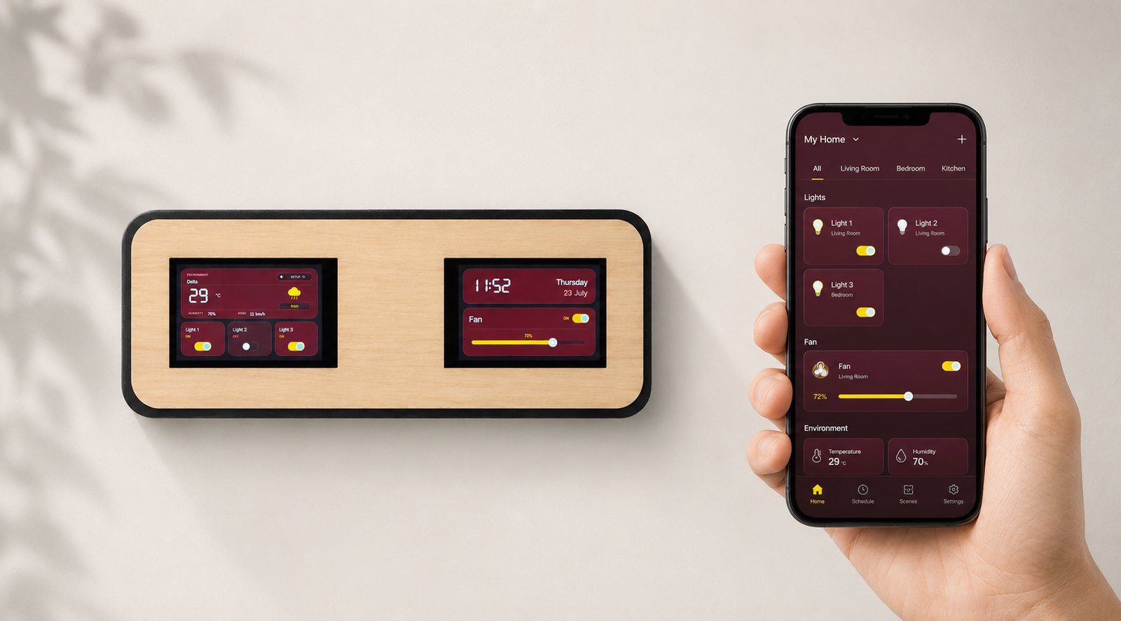 INTENYTE app controlling the NT-01 panel from a phone