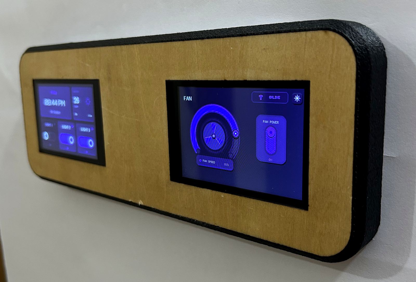 Real INTENYTE NT-01 glowing violet on wall from side angle